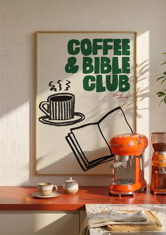 Plakat „Bible & Coffee Club" dla miłośników Biblii i kawy, stylowa dekoracja z chrześcijańskim humorem – Pracownia Manna