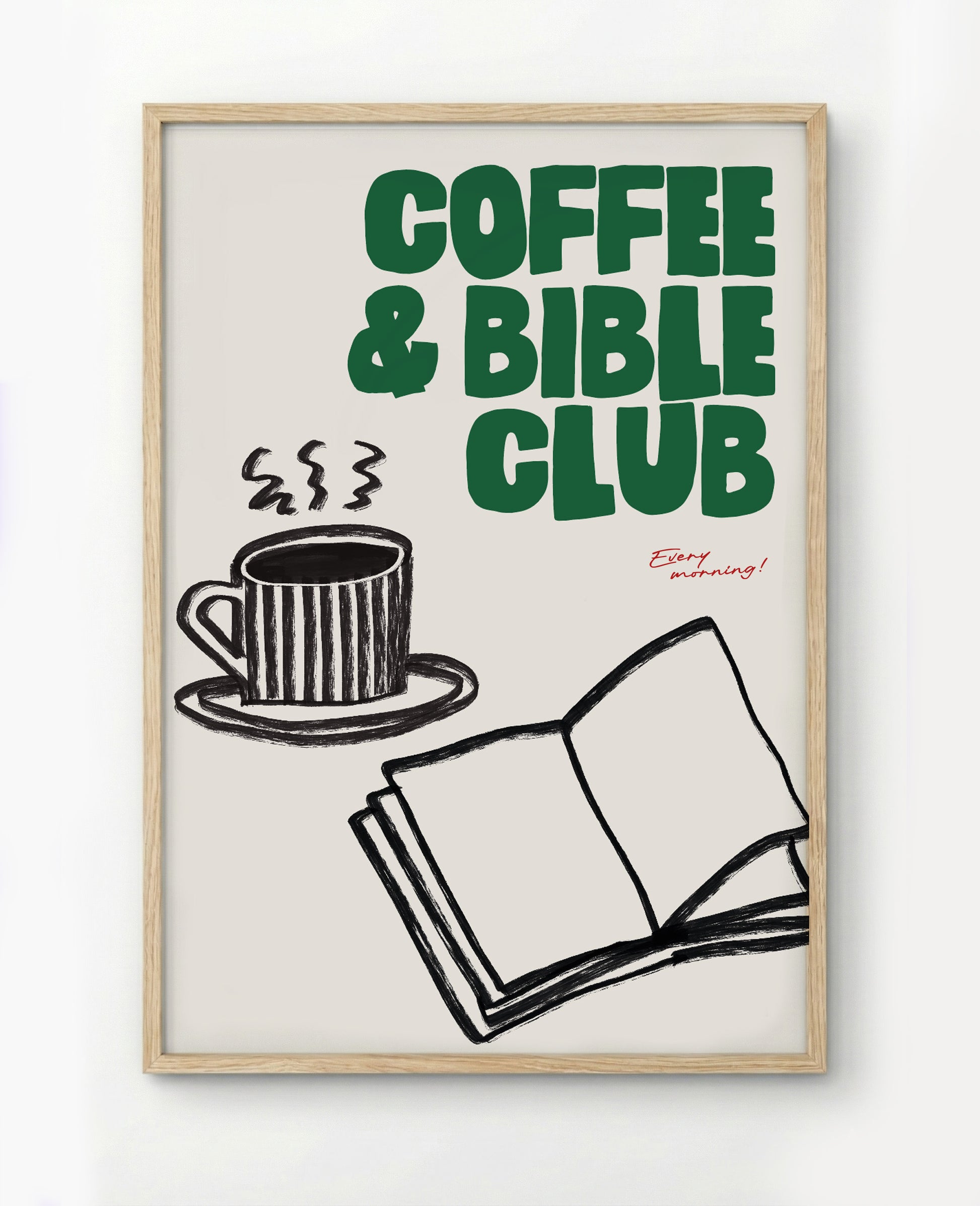 Plakat „Bible & Coffee Club" dla miłośników Biblii i kawy, stylowa dekoracja z chrześcijańskim humorem – Pracownia Manna
